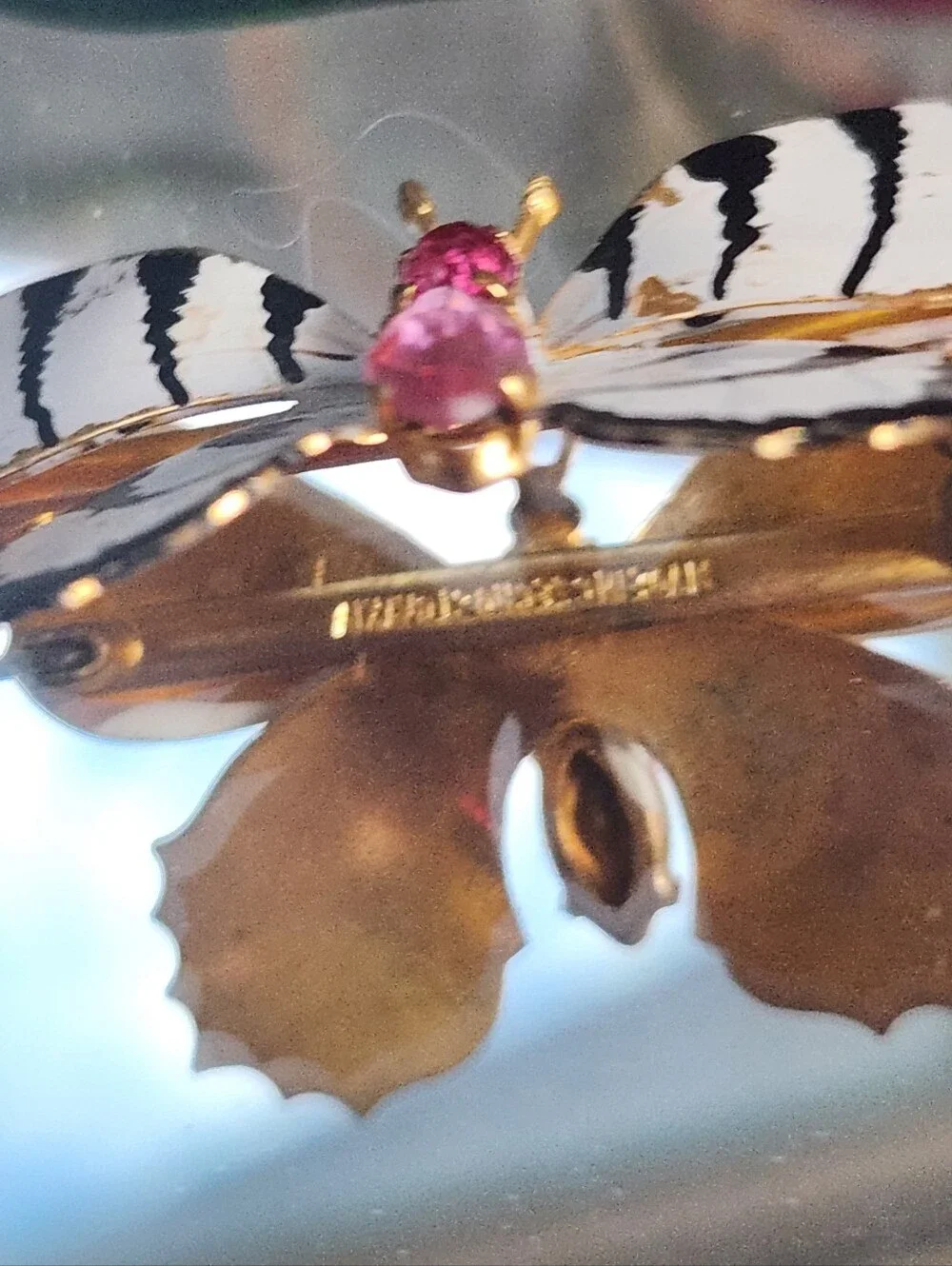 VTG 70s Butterfly Czechoslovakia Handpaint White PINK Crystal STRIPES Brooch 2